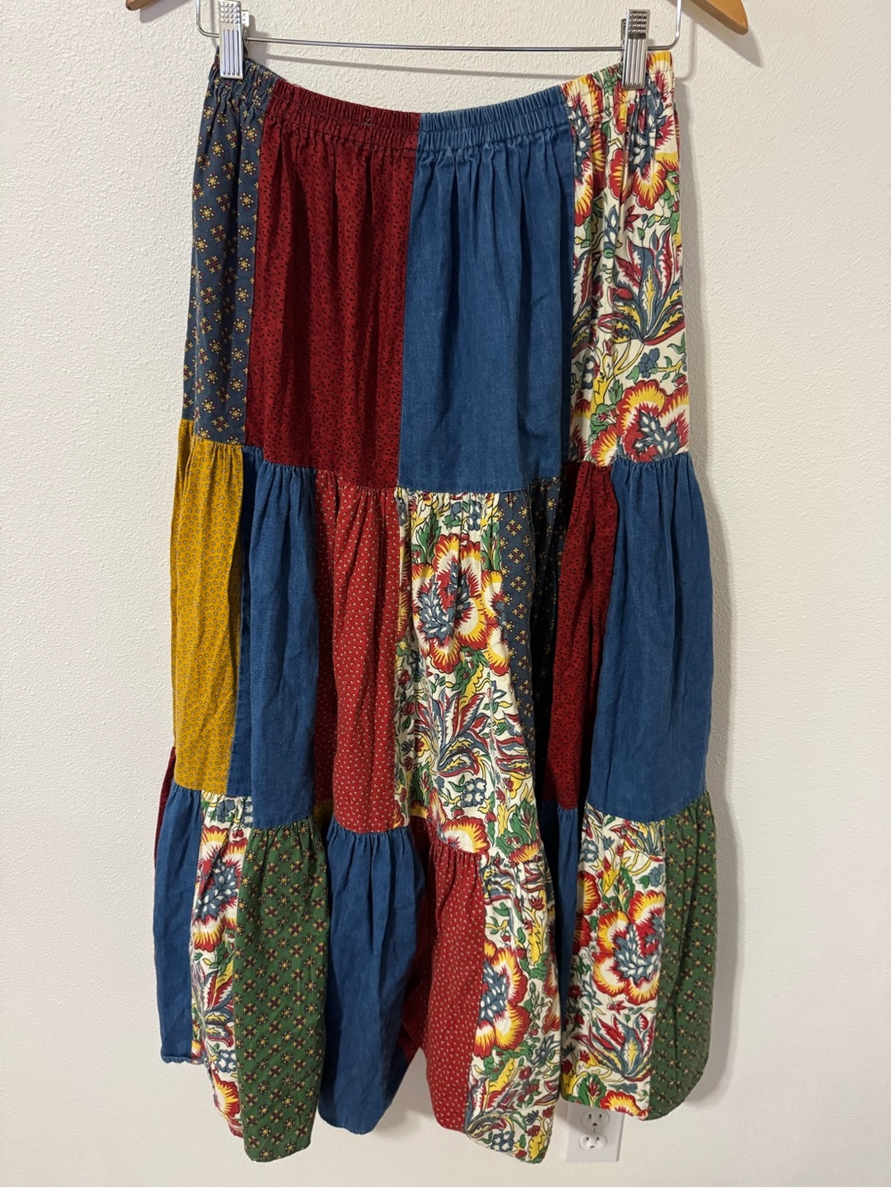 Double D Ranch Wear Patchwork Denim Midi Skirt Cotton Western Prairie-Medium